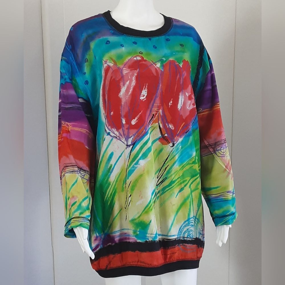 CAROLE LITTLE Sporty Silk Pull-Over Tulip Tunic Top Sz 8